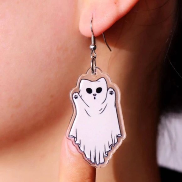 🧿 2 for $25 🧿 Spooky Sheet Ghost Cat Acrylic Dangle Earrings - Picture 5 of 7
